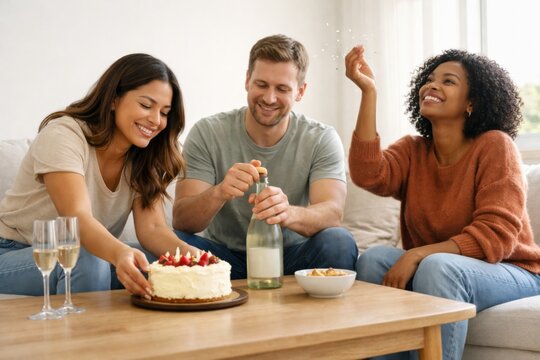 People celebrating micro lifestyle moment with cake and champagne indoors
