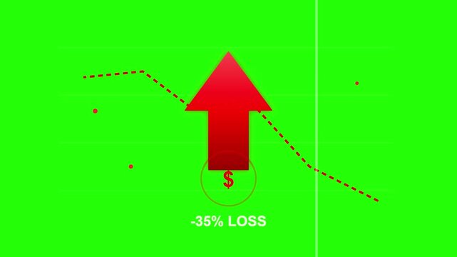 Red financial arrow indicating negative business loss performance in a digital animation motion video clip format