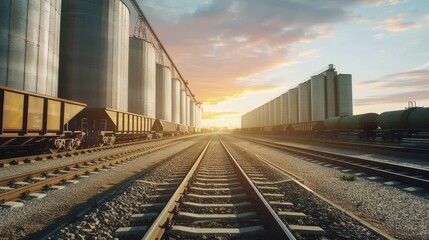 Fototapeta premium Grain silos lining railway tracks with freight wagons under a warm sky