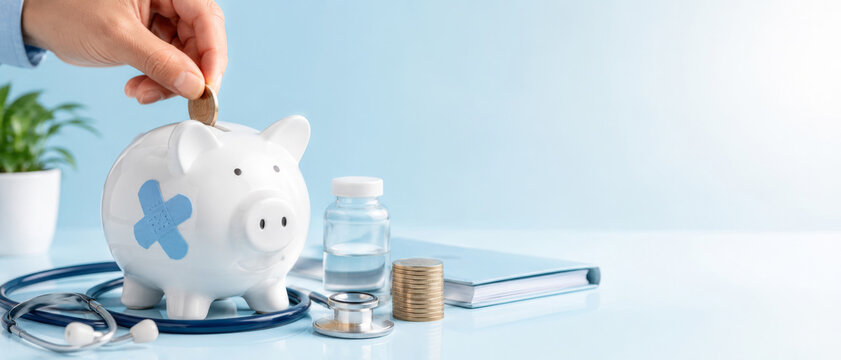 Piggy bank with coin on medical stethoscope, concept of financial health