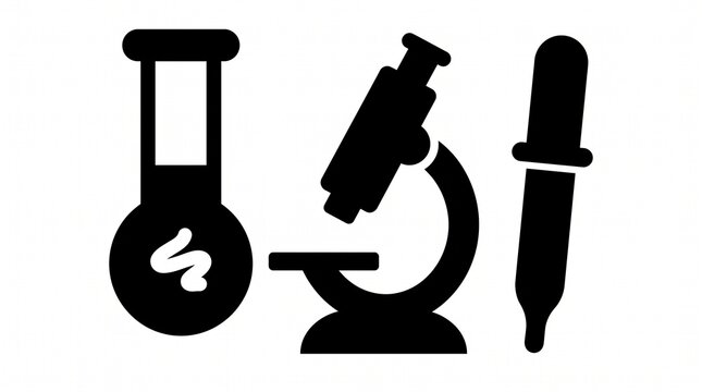 Laboratory science equipment icon set showing flask microscope and dropper