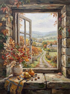 Scenic autumn landscape view from a stone window with vase and pears on the sill