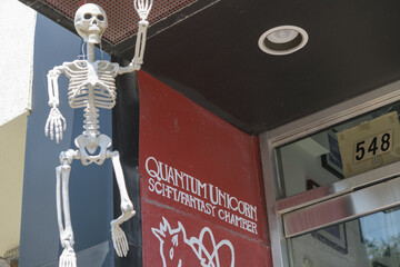 Fototapeta premium defocused waving skeleton outside entrance to Quantum Unicorn, a sci-fi/fantasy chamber inside Re: Reading at 548 Danforth Av, Toronto