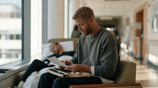 Fletcher sitting beside a hospital corridor window with a resting partner, crafting arrow shafts from stripped wooden dowels, feathers and binding thread in a canvas kit on lap,