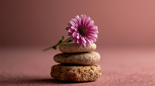 Pink chrysanthemum flower atop stack of balanced river stones representing spa zen
