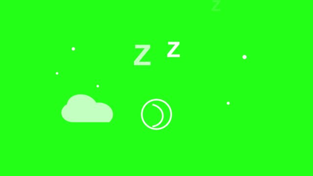Animated night sky motion graphic featuring a crescent moon and sleeping cloud with rising floating symbols