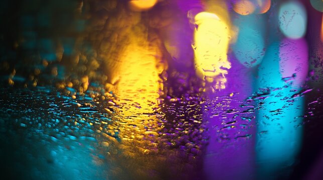 Extreme macro of wet glass with tropical colored light reflections