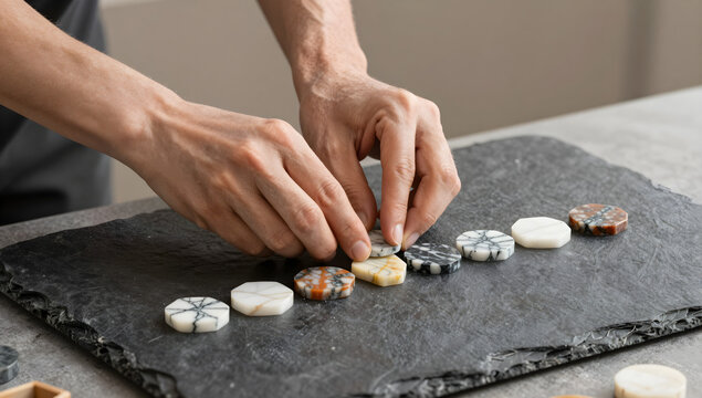 Artisan fitting colored marble inlay pieces into slate