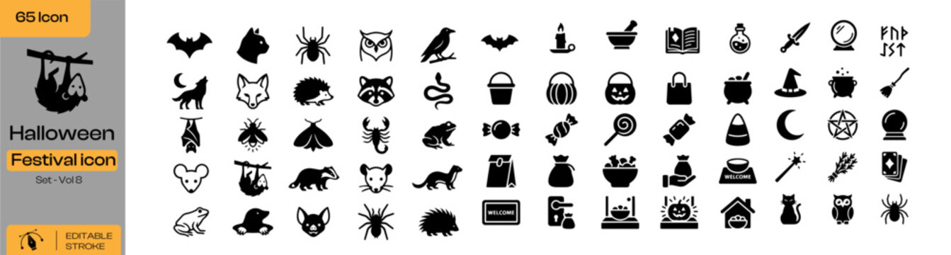 Collection of sixty five black silhouette icons representing halloween themes animals magic items and festive holiday elements