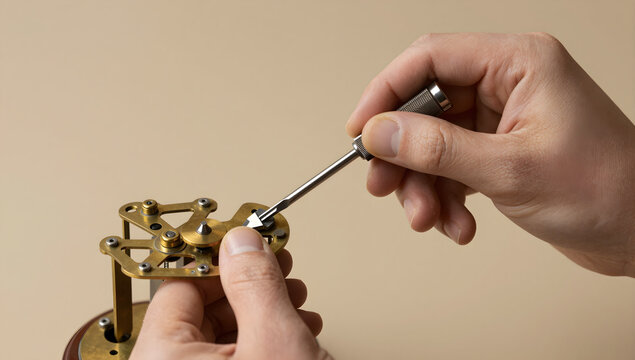 Clockmaker repairing antique brass clock mechanism with precision