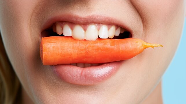 Woman with a carrot between her teeth, close-up macro, healthy food concept