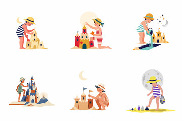 Fototapeta premium Set of Vector Illustrations Featuring Children Building Intricate Sandcastles on the Beach, Kids in Vintage Swimwear Playing with Sand and Water, Creative Summer Vacation Concept
