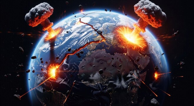 Planet Earth exploding due to massive nuclear war explosions. Nuclear catastrophe and global destruction. Apocalyptic event and planetary ruin. Future conflict and world war concept.