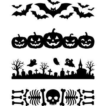 Halloween silhouette border set with bats and pumpkins. Spooky graveyard cemetery dividers. Skull and bone decorative vector elements.