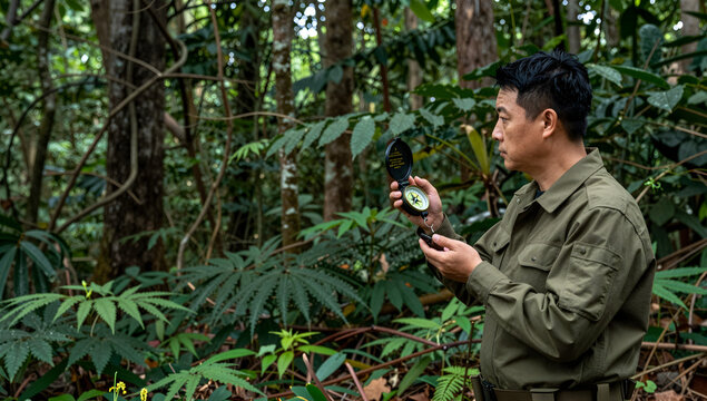 Forest ranger using a compass in deep wilderness