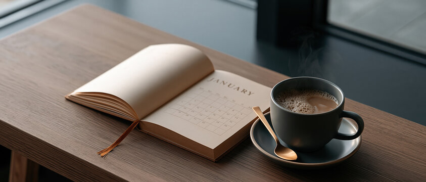 Fresh start mindset captured in a minimal morning ritual open planner showing January calendar beside steaming coffee cup on a warm wood desk. Perfect for new year, goalsetting, and.