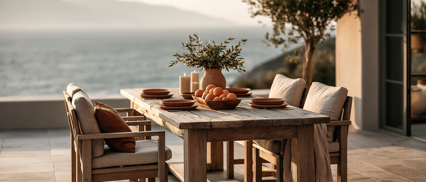 Aspirational alfresco living on a sunlit coastal terrace rustic wood table set with terracotta plates, fresh oranges, candles, and an olive branch arrangement overlooking a calm sea.