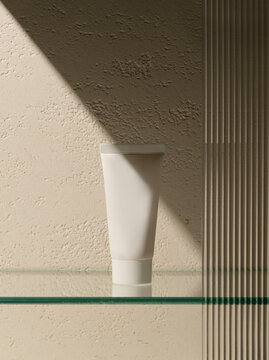 Blank White Cosmetic Tube on Glass Shelf Against Travertine Wall with Fluted Glass Panel