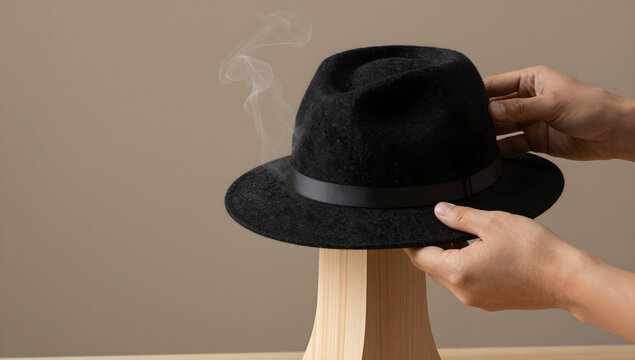 Milliner shaping a felt hat on wooden block with steam