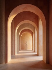 Fototapeta premium Retro vintage arched hallway with textured walls and abstract sculpture. Use: interior design, architectural visualization, art gallery.