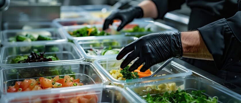Professional chef wearing black gloves preparing fresh vegetables in commercial kitchen. Concept of catering service, healthy nutrition, restaurant industry and food production.