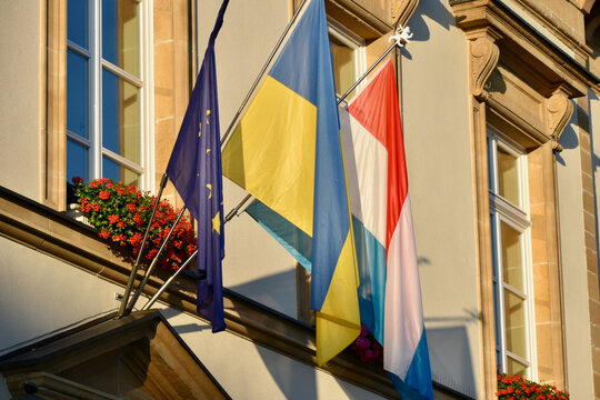 Flags of the European Union, Ukraine, and Luxembourg in Warm Morning Light