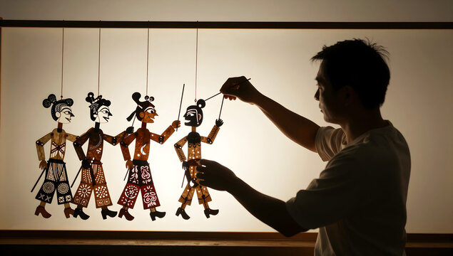 Shadow puppeteer manipulating articulated leather puppets