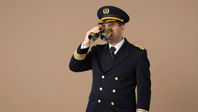 Ship captain holding brass nautical binoculars
