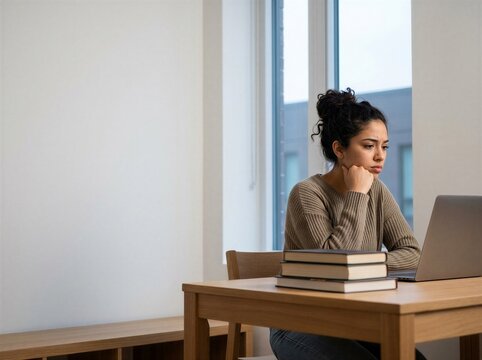 Pensive Young Woman Deep In Thought Working On Laptop Surrounded By Book Stacks In Quiet Space