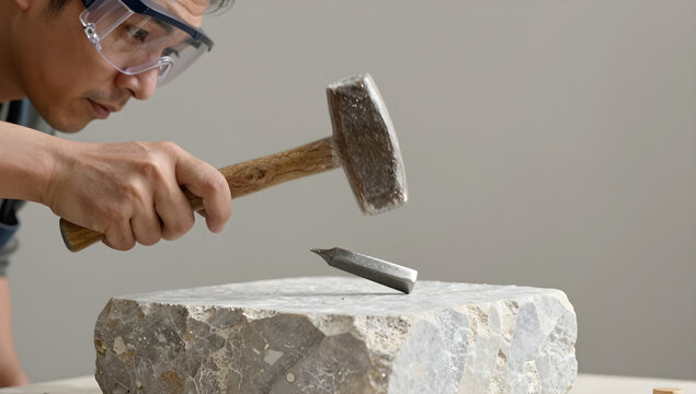 Stone carver holding mallet and chisel working on marble block