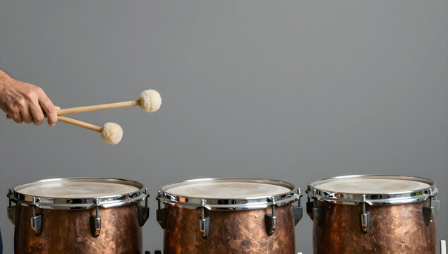 Timpanist holding mallets above copper kettledrums