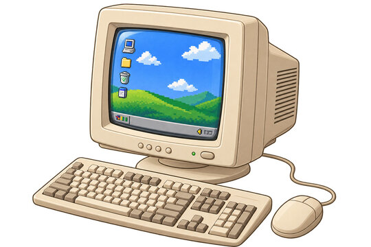 Vintage 1990s desktop computer with a beige CRT monitor, keyboard, and wired mouse featuring a retro pixel-style display