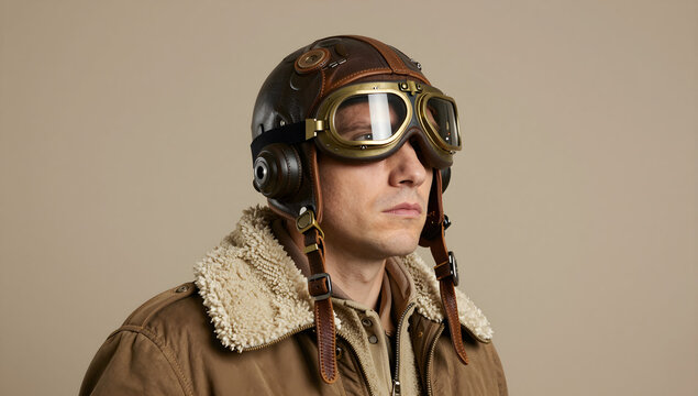 Vintage aviator wearing a leather flight helmet and fleece jacket