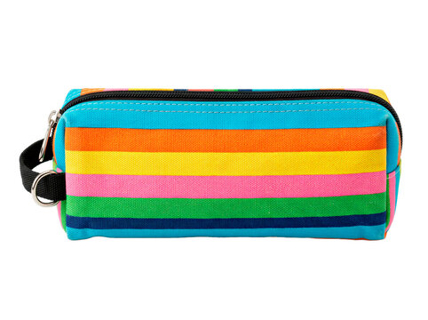 Colorful striped pencil case with rainbow pattern and black zipper