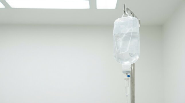 Sterile intravenous fluid bag filled with clear saline solution hanging on a medical stand in a hospital setting.
