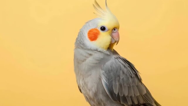 Cockatiel bird portrait yellow background with yellow crest and orange cheek, avian pet grey parrot