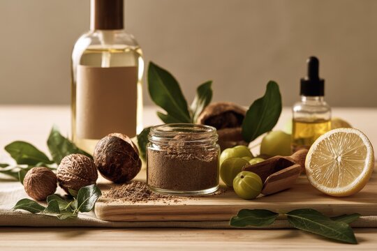 Natural Shikakai hair care collection with soapnut, amla, lemon and oil, featuring powder and bar soaps on a rustic wooden surface