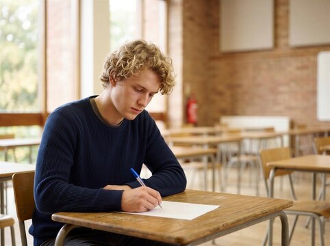Student Focused On Writing In An Empty Classroom Setting With Natural Light