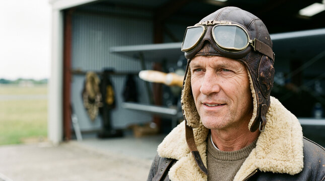 Portrait of a pilot wearing a vintage leather aviator helmet and goggles. Middle aged man in a shearling flight jacket at an airfield hangar with a biplane