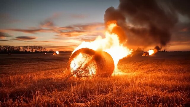 Burning hay bale in field at sunset with smoke and fire, dark smoke rising