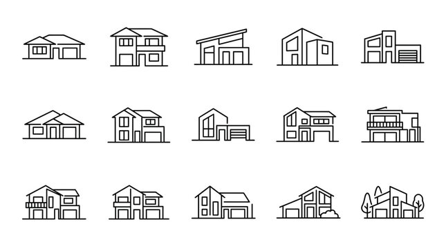 Modern house architecture and building outline icons.