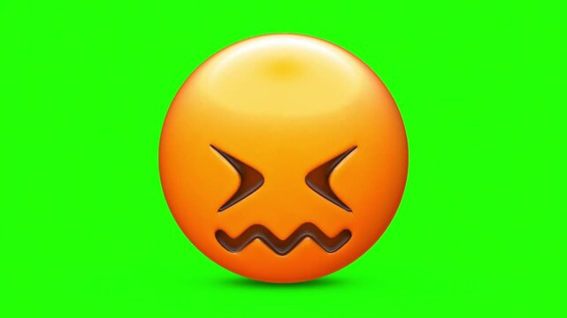 3D Glossy Confounded Emoji Character with Tightly Closed Eyes and Wavy Squiggly Mouth Extruded Out 4k stock animation video on a green screen for chroma key background.