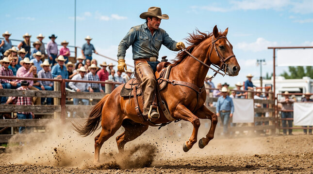 Retro rodeo with a cowboy riding a galloping horse. Western action scene of a rider kicking up dust in a dirt arena