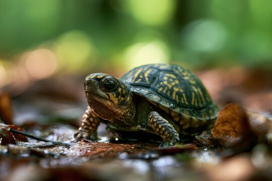 Neonate ornate box turtle resting on mossy ground, macro shot highlighting shell lines and gentle expression
