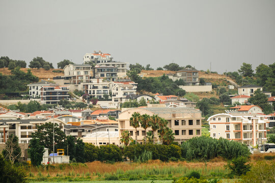 Side, Turkey, July 20, 2026: Turkish residential neighborhood with modern villas and Mediterranean landscape, travel holiday leisure