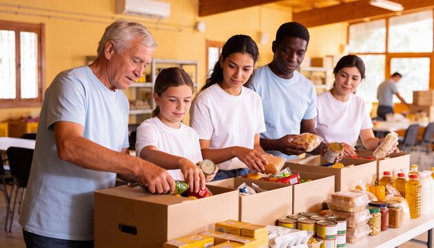 Diverse volunteers including a senior man and child packing food donation boxes in a community center, charity work and hunger relief for social support and altruism