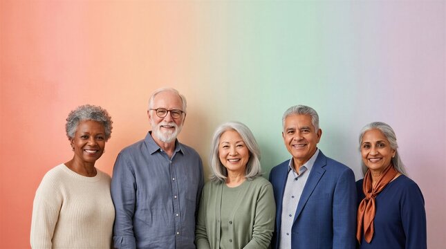 A Group Of Diverse Adults Smiling Together Against A Colorful Background