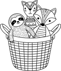 Obraz premium Cute Woodland Animals in Basket: Sloth, Fox, Raccoon - Coloring Page