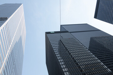 Fototapeta premium skyward glance at Commerce Court West (at left) and Toronto-Dominion Centre, designed by Ludwig Mies van der Rohe and others, in modern international style, King and Bay 