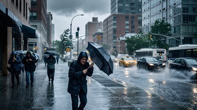 People walk on a city street in the rain. They use umbrellas to stay dry. The weather is cloudy and wet. Cars drive through puddles on the road